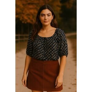 Anthropologie Pilcro Puff Sleeve Blouse Small Boho Fall Cottagecore Artsy Print